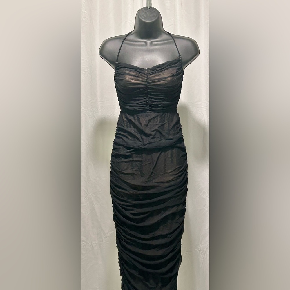Sz M - Fashion Nova Elegant Backless Black Ruched Dress / Razor Straps- NIP/NWT